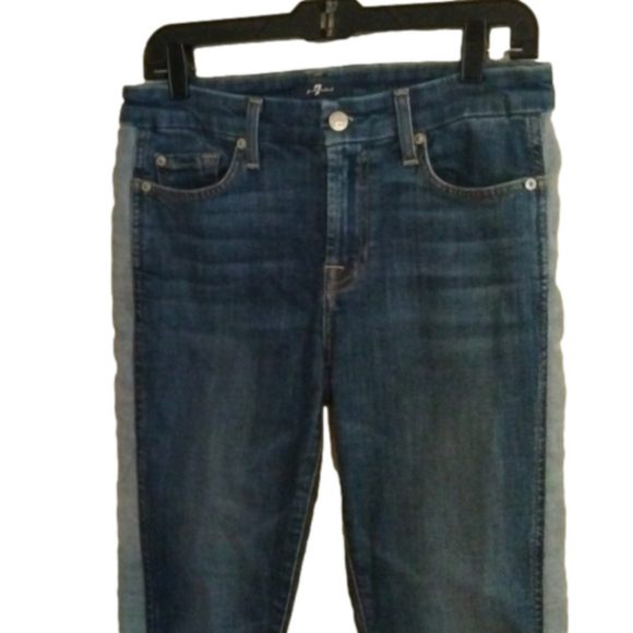 Size 28 7 for all Mankind jeans.Lighter denim stripe down sides. Frayed hems. - Picture 2 of 15